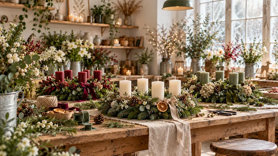 Handgebundene Adventskränze mit natürlichen Zweigen und Kerzen